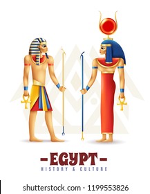 Egypt history and culture design concept in cartoon style with hathor and pharaoh persons vector illustration