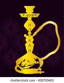 Egypt. Hookah menu. Egyptian pyramids in the sand for a background poster advertising travel agency. Camel in the hot desert. Vector illustration.