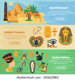 Egypt horizontal banners set with golden treasure symbols flat isolated vector illustration 