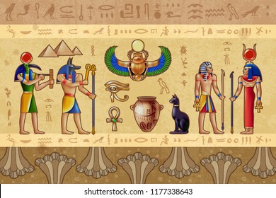 Egypt horizontal vector illustration with ancient egyptian deities and border pattern composed of occult symbols 