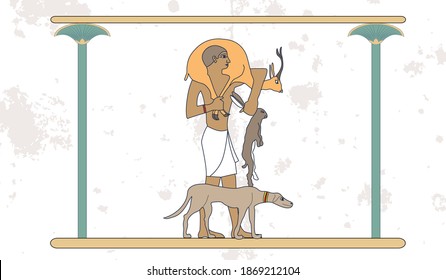 Egypt hunter back from hunt, Ancient Egypt hunter illustration, man at work, group of workers, Egypt murals, Ancient Egypt people, people of the Nyle