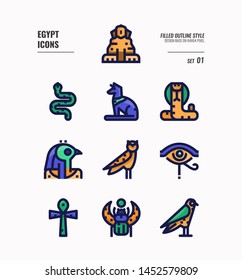 Egypt icon set 1. Include Sphinx, Horus, Ankh, Cobra, owl and more. Filled outline icons Design. vector