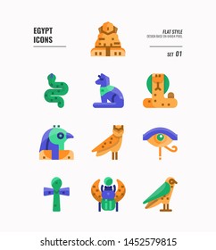 Egypt icon set 1. Include Sphinx, Horus, Ankh, Cobra, owl and more. Flat icons Design. vector