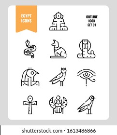 Egypt icon set 1. Include Sphinx, Horus, Ankh, Cobra, owl and more. Outline icons Design. vector
