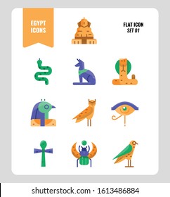 Egypt icon set 1. Include Sphinx, Horus, Ankh, Cobra, owl and more. Flat icons Design. vector