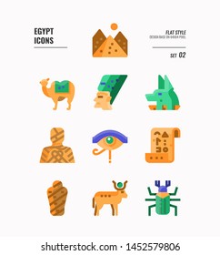 Egypt icon set 2. Include Pyramid, Anubis, god, mummy, camel and more. Flat icons Design. vector