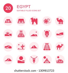 egypt icon set. Collection of 20 filled egypt icons included Stonehenge, Abu simbel, Camel, Desert, Dromedary, Pyramid, Dunes, Dune, Ankh