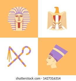Egypt icon set in flat style. National symbols collection - pharaoh, golden eagle, Nefertiti, crook and flail. Vector illustration.