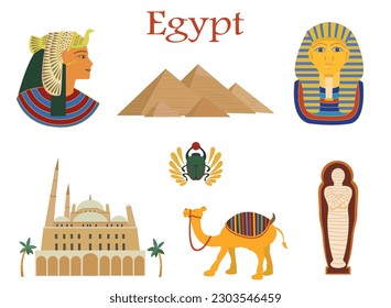 Juego de iconos de Egipto. 　Cleopatra, Pirámide, momia y otros.