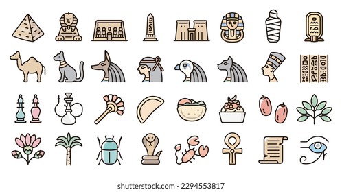 Egypt icon set(Thin line color version)