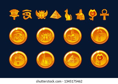 Egypt icons coins and design elements isolated. Collection of ancient Egypt icons - pyramid, scarab, cat, Sphinx, eye, wolf, pharaoh, ornament. Objects on a separate layer.