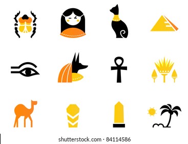 Egypt icons and design elements isolated on white ( back and orange ) Collection of Egypt icons - pyramids, scarab, anubis, camel, cat, obelisk etc. 