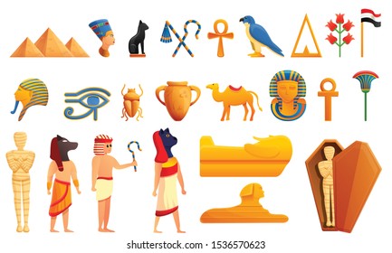 Iconos de Egipto establecidos. Juego de caricaturas de iconos vectoriales de Egipto para diseño web