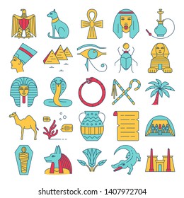 Egypt icons set in colored line style. Traditional symbols including pharaoh head, pyramids, sphinx and other. Vector illustration with editable stroke.