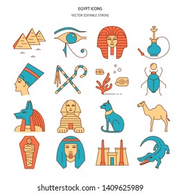 Egypt icons set in colored line style. Traditional symbols including pharaoh head, pyramids, Nefertiti and other. Vector illustration with editable stroke.