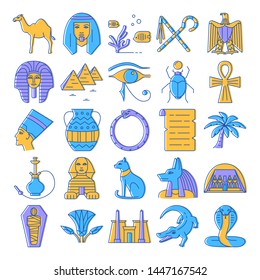 Egypt icons set in colored line style. Traditional symbols including pharaoh head, Nefertiti, Sphinx and other. Vector illustration with editable stroke.