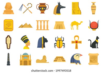 Iconos de Egipto. Conjunto plano de iconos vectoriales de Egipto aislados en fondo blanco