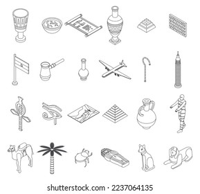 Egypt icons set. Isometric set of Egypt vector icons outline on white thin line collection