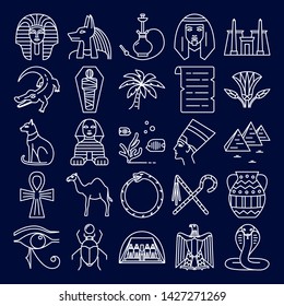 Egypt icons set in line style on dark background. Traditional symbols including pharaoh head, pyramids, sphinx and other. Vector illustration with editable stroke.