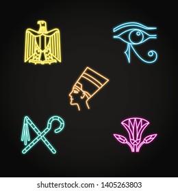 Egypt icons set in neon line style. Traditional country symbols. Vector illustration.