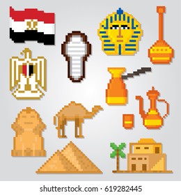 Egypt icons set. Pixel art. Old school computer graphic style. Games elements.