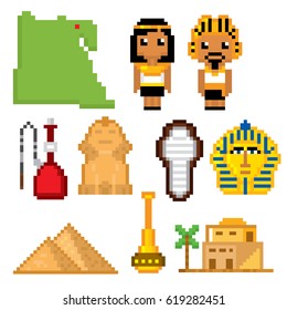 Egypt icons set. Pixel art. Old school computer graphic style. Games elements.