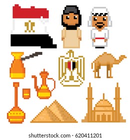 Egypt icons set. Pixel art. Old school computer graphic style. Games elements.