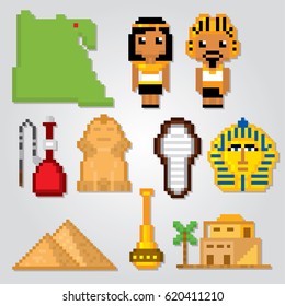 Egypt icons set. Pixel art. Old school computer graphic style. Games elements.