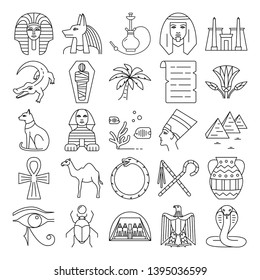 Egypt icons set in thin line style. Traditional symbols including pharaoh head, pyramids, sphinx and other. Vector illustration with editable stroke.