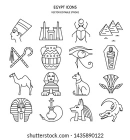 Egypt icons set in thin line style. Traditional symbols including pharaoh, pyramids, sphinx. Vector illustration with editable stroke.