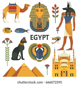 Egypt icons set. Vector collection of Egyptian culture and nature images, including pyramids, Anubis, Bastet, camel, Tutankhamen, scarab and mosque. Isolated on white.