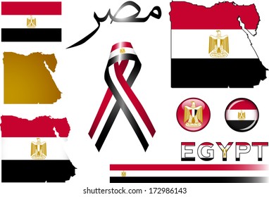 Egypt Icons. Set of vector graphic images and symbols representing Egypt. The text says 'Egypt' in Arabic.