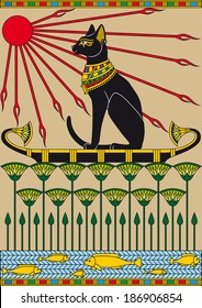 Egypt illustration with a cat floating on the boat by the river.