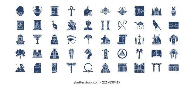 Colección de íconos relacionados con Egipto, incluyendo íconos como Accesorios, Mummy, Gato, Águila y más. ilustraciones vectoriales, conjunto Pixel Perfect