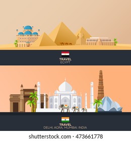 Egypt and India. Tourism. Travelling illustration. Modern flat design. Egypt travel. India