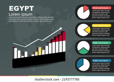 Egypt infographic with 3D bar and pie chart, increasing values, Egypt country flag on 3D bar graph, ups and downs data, presentation graphic idea, developing country