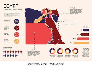 Mapa Infográfico do Egito com distritos administrativos separados, camadas separadas editáveis, zonas e elementos de visualização de dados. Mapa infográfico para apresentação. Ilustração vetorial