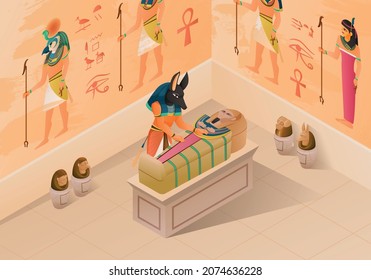 Egypt isometric composition demonstrated mummification process with anubis and pharaoh sarcophagus at history wall painting background vector illustration