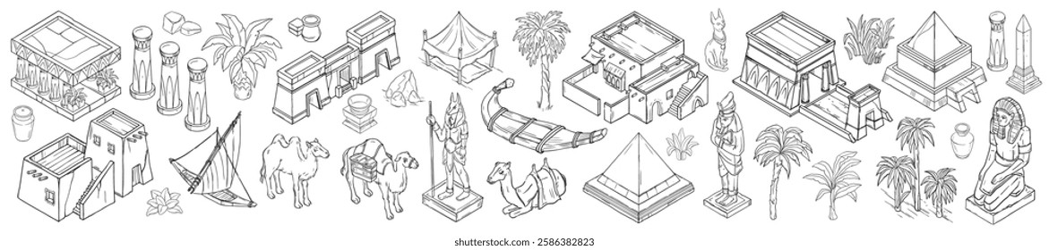 Egypt isometric map object set, vector hand drawn ancient architecture line landscape illustration. Desert pyramid temple, Africa civilization historical building, palm tree, sculpture. Egypt game map