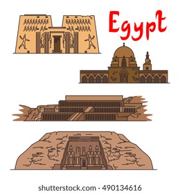 Egypt. Karnak Temple, Mosque of Ibn Tulun, Deir el-Bahari, Abu Simbel. Ancient historic landmarks, sightseeings, famous showplaces. Vector detailed icons for souvenir decoration elements