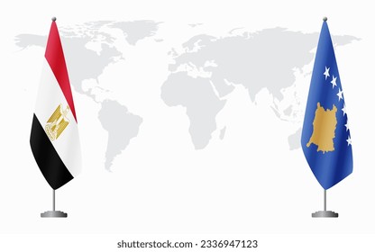 Egypt and Kosovo flags for official meeting against background of world map.