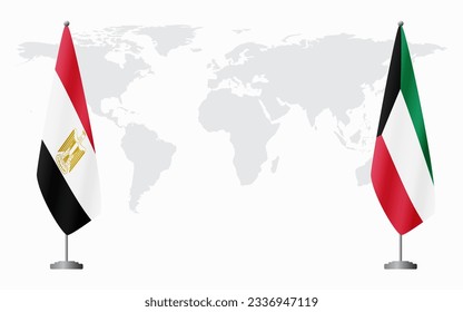 Egypt and Kuwait flags for official meeting against background of world map.