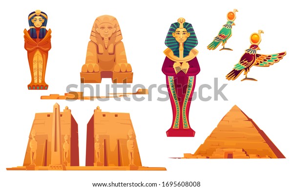 Egypt landmarks and deities set. Ancient
egyptian pyramid, sphinx, pharaoh sarcophagus, world famous Obelisk
in Temple of Karnak, god Ra. Tourist attraction architecture,
Cartoon vector
illustration