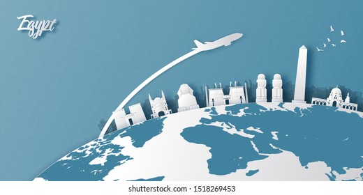 Egypt landmarks on earth in paper cut style vector illustration.