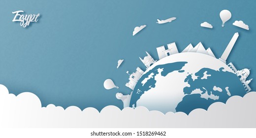 Egypt landmarks on earth in paper cut style vector illustration.