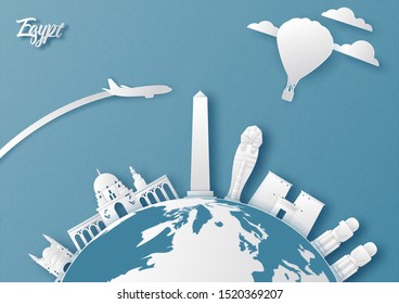 Egypt landmarks on earth in paper cut style vector illustration.