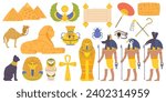 Egypt Landmarks and Religious Elements Set. Majestic Pyramids Of Giza, Sphinx, Pharaoh Sarcophagus and Scarab. Scroll, Hieroglyphs, Cross Ankh, Anubis, Sun God Ra, Eye Of Providence, Cat And Bird