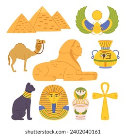 Egypt Landmarks and Religious Elements Set. Pyramids Of Giza, Sphinx, Pharaoh Mask and Scarab with Sun. Cross Ankh, Camel, Jug with Eye Of Providence, Cat And Bird Urn. Cartoon Vector Illustration