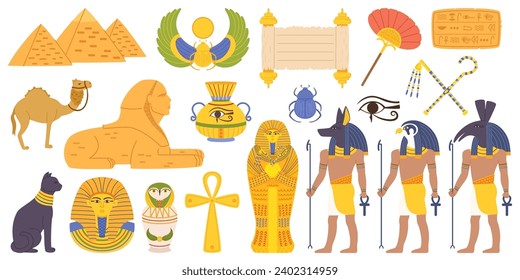 Yacimientos de monumentos egipcios y elementos religiosos establecidos. Pirámides Majestuosas De Giza, Esfinge, Faraón Sarcófago y Scarab. Desplazamiento, Jeroglíficos, Cruce Ankh, Anubis, Sun God Ra, Ojo De Providencia, Gato Y Pájaro