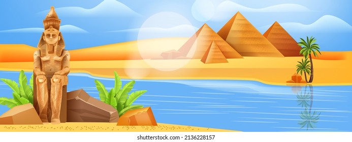 Egypt landscape ancient vector pharaoh pyramid, Nile river palm tree, African sand dune background. Egyptian panoramic view horizontal exotic scene, old stone ruin yellow statue. Egypt oasis landscape